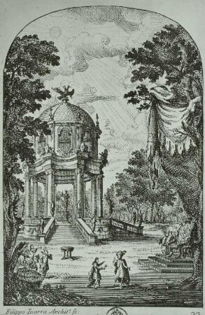 Wolff, Jeremias nach Juvara, Filippo: Szene im Gartenpalast (Blatt 22 der Bühnenbilder) aus der Oper "Il Ciro" von Alessandro Scarlatti (Libretto: P. Ottoboni "Ciro riconosciuto"). Rom, Teatro Ottoboni im Palazzo della Cancelleria. Karneval 1712. Kupferstich; 135 x 90 mm. Dresden: Kupferstich-Kabinett in A 1050,2