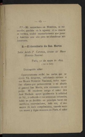 B. - El dormitorio de San Martín