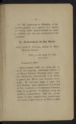B. - El dormitorio de San Martín