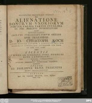 Dissertatio Inavgvralis Ivridica De Alienatione Bonorvm Vxoriorvm Partim Valida Partim Invalida : Ex Ivre Praecipve Francofvrtano