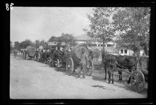 Pãtrãșcani (Rumänien) zwischen Putna und Șușița [Flüsse]: rumänische (?) Soldaten und Pferdegespanne mit Leiterwagen am Rand einer unbefestigten Ortsstraße (Rückansicht)