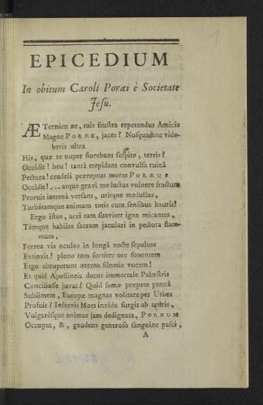 Epicedium In obitum Caroli Poraei è Societate Jesu