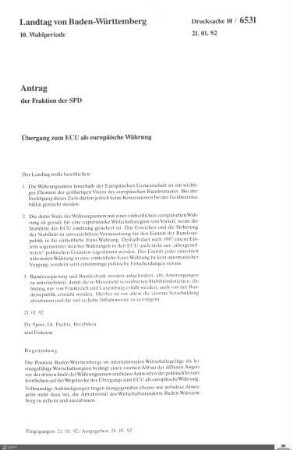Antrag der SPD: Übergang zum ECU als europäische Währung