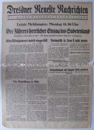 Abendausgabe (Nachrichtenblatt) der "Dresdner Neueste Nachrichten" zum Besuch Hitlers im annektierten Sudetenland