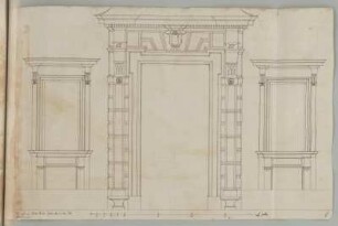 Rom, Palazzo, Portal und Fenster, Aufriss : Rom, Palazzo, Portal und Fenster, Aufriss, unbekannter Zeichner, 1. Hälfte 18. Jh. Feder/Papier. 27,4 x 41,4 cm. Bez.: "Elevatione della Porta della facciata del Palazzo " Maßstab mit Maßeinheit "palm." (25 Spannen=22 cm).