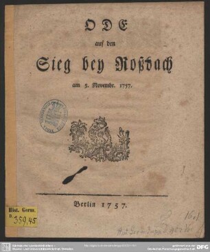 Ode auf den Sieg bey Roßbach am 5. Novembr. 1757.
