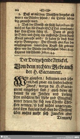 Der Dreyzehende Artickel. Von dem rechten Gebrauch der H. Sacrament