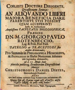 Quaestionem Senecae: an aliquando liberi maiora beneficia dare parentibus suis possint, quam acceperint?