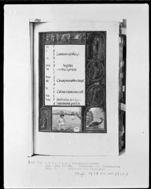 Gebetbuch mit Kalendarium — Buchseite mit Monatsbild September und Tierkreiszeichen, Folio 13recto