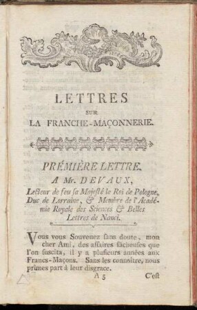 Premiere Lettre. A Mr. Devaux [...]