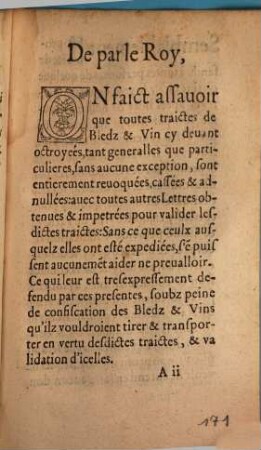 De F. II. Mandement Du Roy Sur La Revocation De La traicte et validition de bledz et vin, hors de ce Royaume