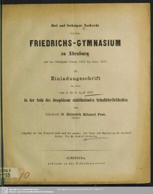 63.1869/70: Nachricht von dem Herzoglichen Friedrichs-Gymnasium zu Altenburg : über das Schuljahr Ostern ... bis Ostern ...