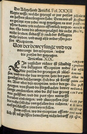 Von der beweysunge und vor orterunge der exception/ wider die person der getzeugen. Articulus. XIX.