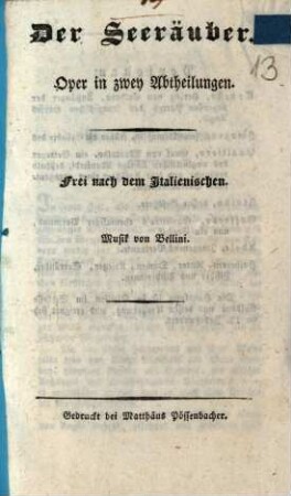 Der Seeräuber : Oper in zwey Abtheilungen