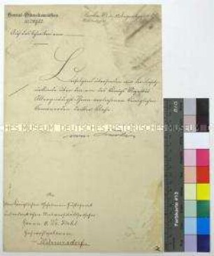 Schreiben der General-Ordenskommission an Wilhelm Kahl über die Zusendung der Urkunde zum Königlichen Kronenorden 3. Klasse