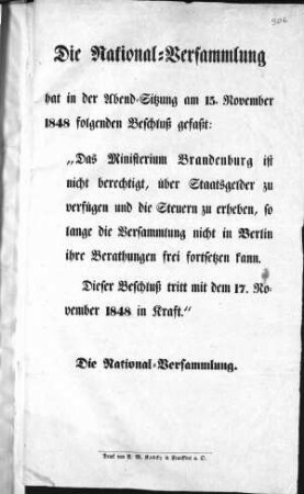 Die National=Versammlung hat in der Abend-Sitzung am 15. November 1848 folgenden Beschluß gefaßt [...] (Sammlung Friedlaender)
