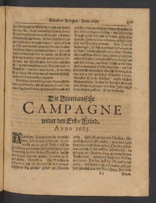 Die Venetianische Campagne wider den Erb-Feind. Anno 1685.