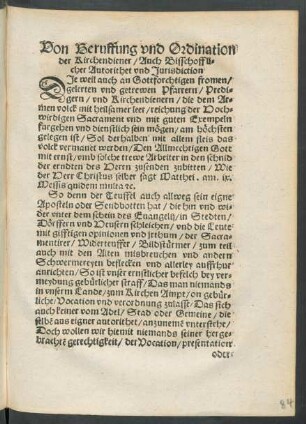 Von Beruffung und Ordination der Kirchendiener ...