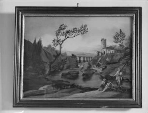 Flusslandschaft mit Brücke und Ruine
