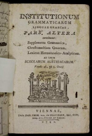 Pars 2: Supplementa Grammaticae, Chrestomathiam Graecam, Lexicon Hermeneutico-Analyticum