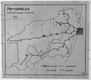 Karte Pernambuco : Fotografie der Karte der Verkehrswege und Bevölkerungszentren des Bundesstaates Pernambuco.