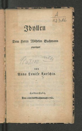 Idyllen Dem Herrn Wilhelm Bachmann zugeeignet