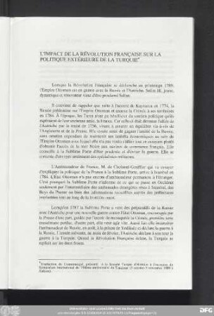 L'Impact De La Révolution Française Sur La Politique Extérieure De La Turquie
