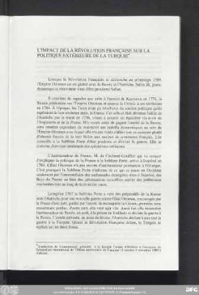 L'Impact De La Révolution Française Sur La Politique Extérieure De La Turquie