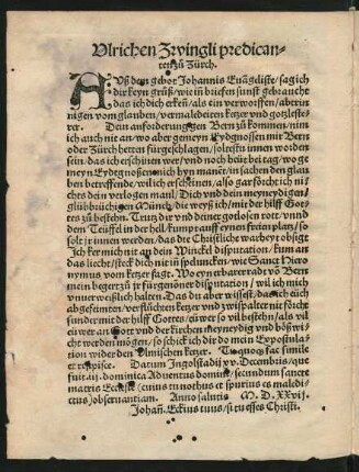 Ulrichen Zwingli predicanten zu Zürch