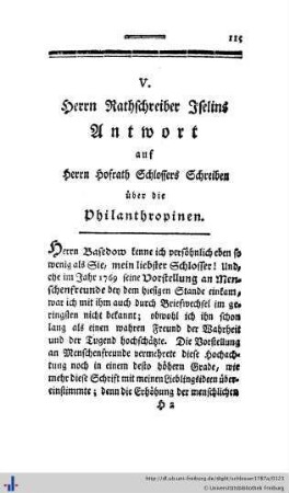 V. Herrn Rathschreiber Iselins Antwort darauf