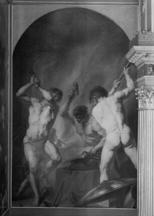 Die Schmiede des Vulcan mit drei Cyklopen, die Waffen des Äneas schmiedend
