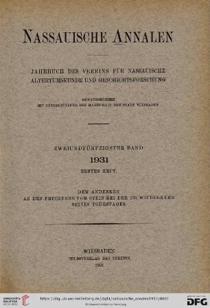 52: Nassauische Annalen: Jahrbuch des Vereins für Nassauische Altertumskunde und Geschichtsforschung
