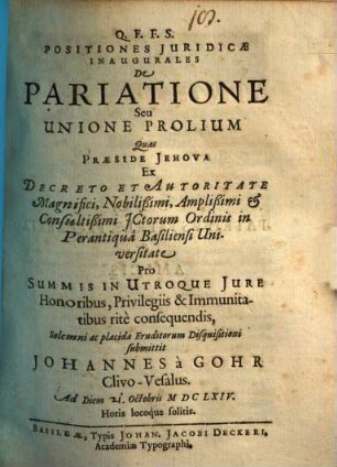 Positiones iur. inaug. de pariatione seu unione prolium
