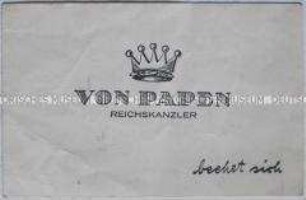 Handzettel im Layout einer imaginären Visitenkarte von Reichskanzler von Papen mit Polemik gegen die NSDAP-freundliche Haltung des Adels