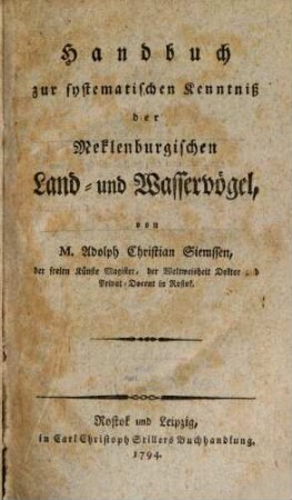 Handbuch zur systematischen Kenntniß der Meklenburgischen Land- und Wasservögel