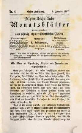 Alpwirtschaftliche Monatsblätter : Zeitschrift für Alpwirtschaft und Viehzucht. 1. 1867