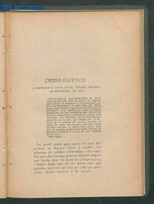 Credo estético : (Conferencia dada en el teatro Orfeón de Mercedes - Bs. As.)