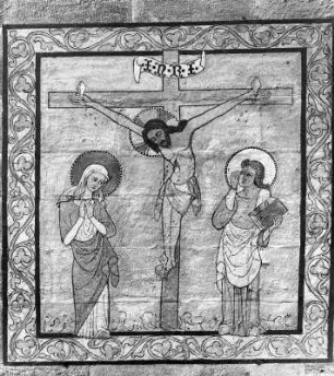 Kreuzigungsgruppe mit Maria und Johannes zu beiden Seiten des Kreuzes : Kreuzigungsgruppe mit Maria und Johannes zu beiden Seiten des Kreuzes. Wandmalerei (1301/1400). Seckau, Benediktinerabteikirche Mariä Himmelfahrt, Vorhalle