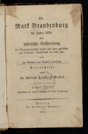 Theil 1: Beschreibung der einzelnen Provinzen der Mark Brandenburg