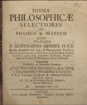 Theses philosophicae selectiores ex physica & mathesi