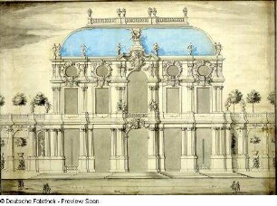 Entwurf für den Wallpavillon des Zwingers, Aufriß (um 1715, M. D. Pöppelmann; Feder, Tusche, Wasserfarben; 43,3 x 59,0 cm). Sächsische Landesbibliothek – Staats- und Universitätsbibliothek Dresden, Handschriftensammlung, Mscr. Dresd. L. 4/Blatt 16