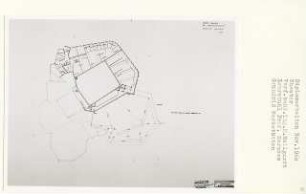 Neues Theater am Gendarmenmarkt, Berlin-Mitte (Diplomarbeit bei Bernhard Hermkes): Werkstätten, Dachaufsicht, Grundriss 1:200