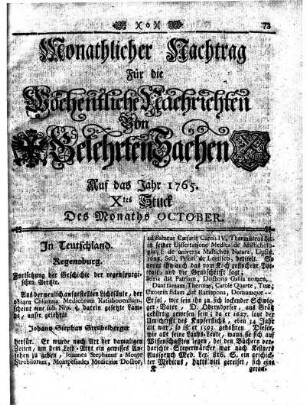 Monathliche Nachtrag [...] Auf das Jahr 1765 Xtes Stuck Des Monaths October