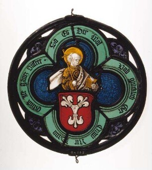 Kabinettscheibe mit dem Wappen der Nürnberger Patrizierfamilie Stromer von Reichenbach und dem Brustbild des Hl. Petrus im Vierpass