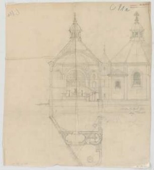Thiersch, August ; Nürnberg (Bayern); Kath. - Apostolische Kirche, Projekt - Teilgrundriss; Ansicht m. Schnitt