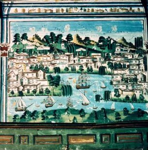 Salamis. Ambelákia, Archontikon Svarts. Paneelfresko von der goldenen Stadt Byzanz im Herrenzimmer