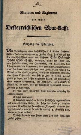 Statuten und Reglement der ersten Österreichischen Spar-Casse
