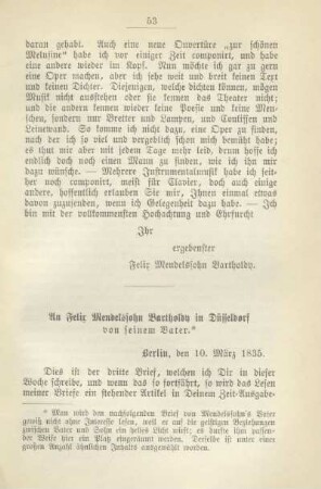 An Felix Mendelssohn Bartholdy in Düsseldorf von seinem Vater. Berlin, den 10. März 1835