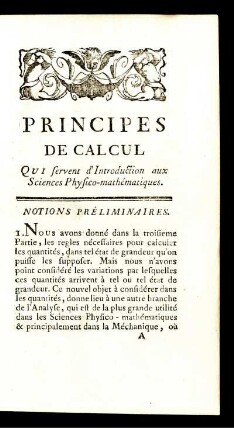 Principes de Calcul Qui servent d'Introduction aux Science Physio-mathématiques. Notions Préliminaires.
