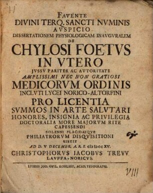 Dissertationem Physiologicam Inavgvralem De Chylosi Foetvs In Vtero